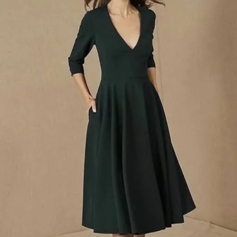 BHLDN Valdis Emerald Green 3/4 Sleeve Midi Formal Dress Deep V